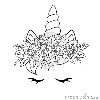 Cute unicorn face with flowers wreath. Black and white vector illustration for coloring book Vector Illustration