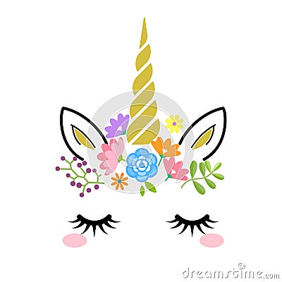 Cute unicorn face with gold horn and flowers isolated on white background. Vector cartoon character illustration. Vector Illustration