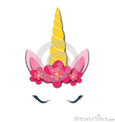 Cute unicorn face. Paper style. Vector illustration. Design element for birthday cards, party invitations. Vector Illustration