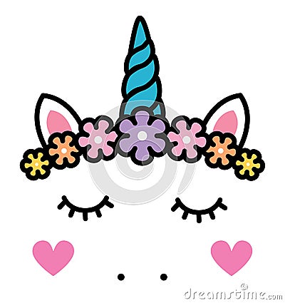 Cute unicorn face with pastel rainbow flowers isolated Vector Illustration