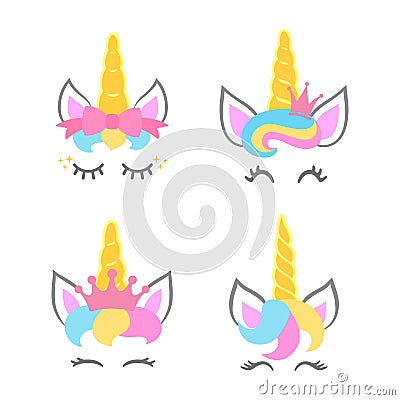 Cute unicorn faces. Unicorn heads. Unicorn constructor. Vector Vector Illustration