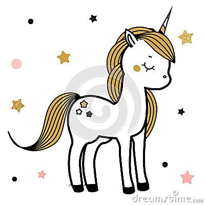 Cute unicorn. Fairy pony, magic horse. Illustration for print in scandinavian style Vector Illustration