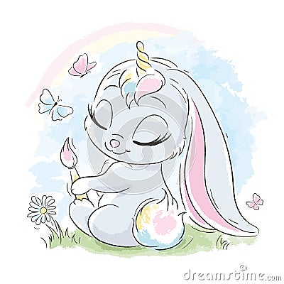 Cute rabbit. A cute rabbit dreams of becoming a unicorn. Fashion illustration drawing in modern style Vector Illustration