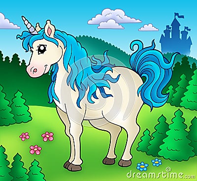 Cute unicorn in forest Cartoon Illustration