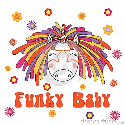 Cute unicorn with funky dreadlocks and glasses Vector Illustration