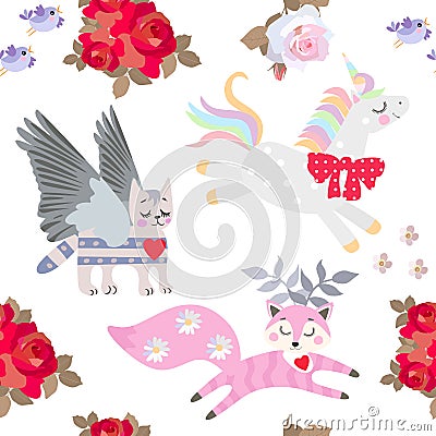 Cute unicorn, funny horned fox and winged cat, bouquets of red rose flowes and little birds isolated on white background. Vector Illustration