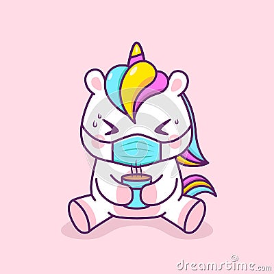 Cute unicorn getting sick drinking tea Vector Illustration