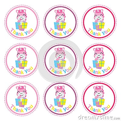 Cute unicorn with gift boxes cartoon, Birthday Label, sticker set Vector Illustration