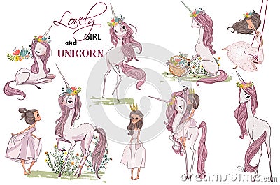 Cute unicorn with girl Vector Illustration