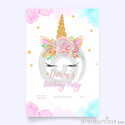 Cute unicorn graphic with flower wreath Vector Illustration