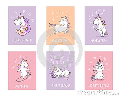 Cute unicorn greeting cards with quotes and magical symbols Vector Illustration