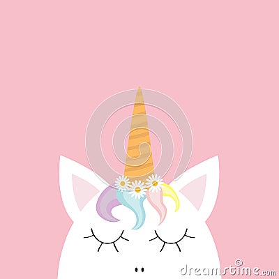 Cute unicorn head face. Rainbow hair, white daisy chamomile flower set. Flat lay design. Pastel color. Cute cartoon kawaii baby ch Vector Illustration