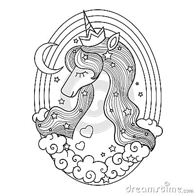 Cute unicorn head and rainbow. Black and white linear illustration for coloring. Vector Vector Illustration