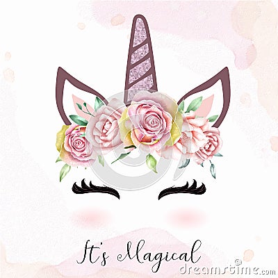 Cute unicorn head with watercolor floral crown Vector Illustration