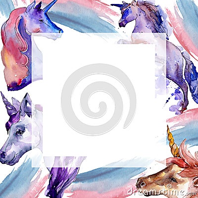 Cute unicorn horse. Fairytale children sweet dream. Watercolor background. Frame border ornament square. Cartoon Illustration
