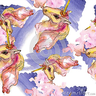 Cute unicorn. Watercolor illustration set. Watercolour seamless background pattern. Fabric wallpaper print texture. Cartoon Illustration