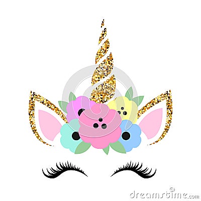 Cute unicorn illustration with glitter and flowers Vector Illustration