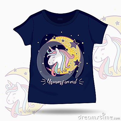 Cute Unicorn illustration on T Shirt kids template Vector Illustration