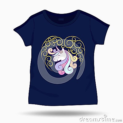 Cute Unicorn illustration on T Shirt kids template Vector Illustration