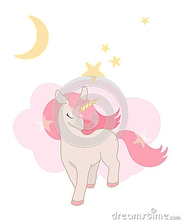 Cute Unicorn, little Pony with pink hair. Lovely graphics for t-shirts, greeting cards. Vector Illustration