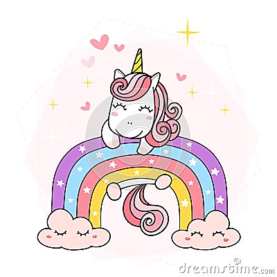 Cute Unicorn magical purple on rainbow, simple doodle outline cartoon vector illustration Vector Illustration