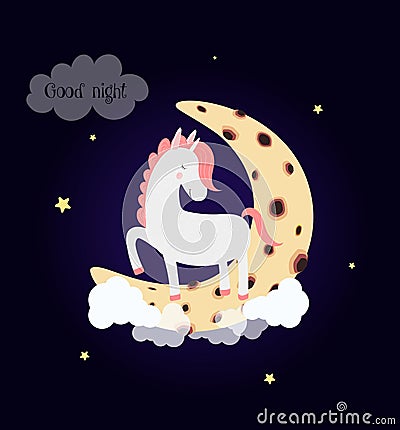 Cute unicorn on moon dream good night typography Vector Illustration