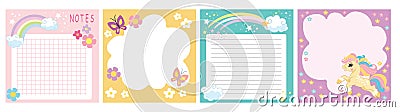 Cute unicorn note pages ptintable template vector set Vector Illustration