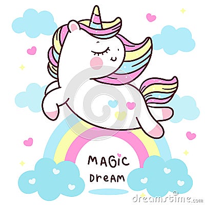 Cute Unicorn pegasus vector fly on sky with rainbow sweet heart and cloud pony cartoon pastel background Valentines day Vector Illustration