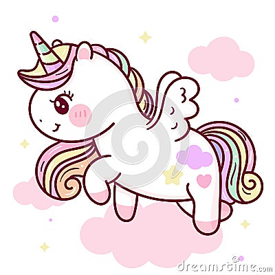 Cute Unicorn pegasus vector on sky with sweet heart and cloud pony cartoon pastel background Valentines day Vector Illustration