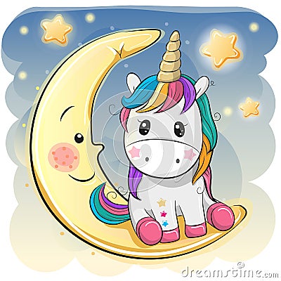 Cute Unicorn in a pilot hat is sitting on the moon Vector Illustration