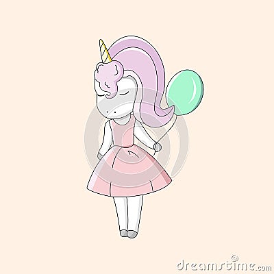 Cute unicorn in a pink dress with a green balloon in hand. Vector Illustration