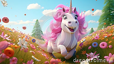 A cute unicorn with a pink mane jumps through a field of colorful flowers Stock Photo