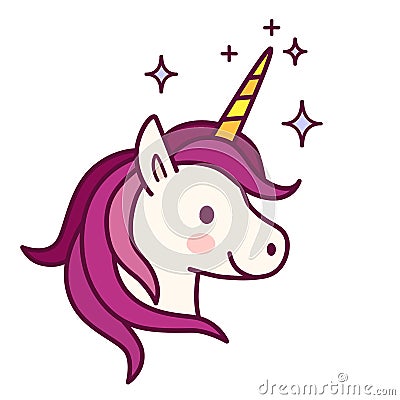 Cute unicorn with pink mane vector illustration. Simple flat lin Vector Illustration