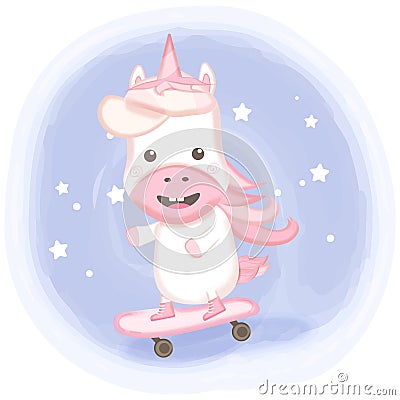 Cute unicorn playing skateboard cartoon watercolor background Vector Illustration