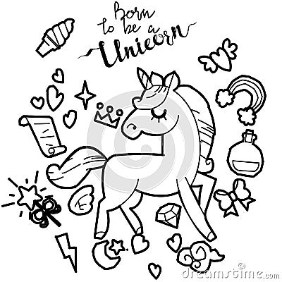 Cute unicorn and pony collection with magic items, rainbow, fairy wings, crystals, clouds, potion. Hand drawn line style. Vector Illustration