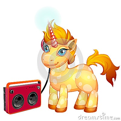 Cute unicorn pony with a fiery mane listening to music isolated on white background. Vector cartoon close-up Vector Illustration