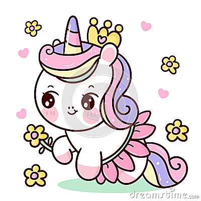 Cute Unicorn princess vector pony cartoon wear fancy flower dress kawaii animals background Valentines day gift Vector Illustration