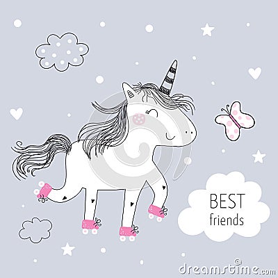 Cute unicorn print for kids. best friends card. Cartoon flat vector illustration. Cute cartoon design template. Vector Vector Illustration