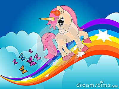 Cute unicorn rainbow in the clouds Cartoon Illustration