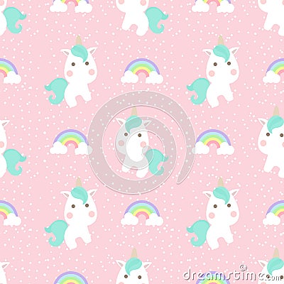 Cute unicorn with rainbow and dot seamless pattern Vector Illustration