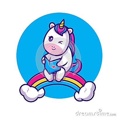 cute unicorn reading book rainbow cartoon icon illustration Vector Illustration