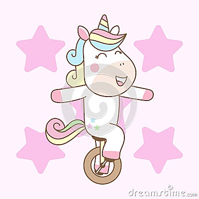 Cute Unicorn Ride Mono Cycle. Illustration, ready for print Stock Photo