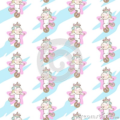 Cute Unicorn Ride Mono Cycle seamless pattern Illustration, ready for print Stock Photo