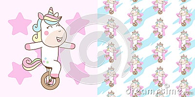 Cute Unicorn Ride Mono Cycle with seamless pattern Illustration, ready for print Stock Photo