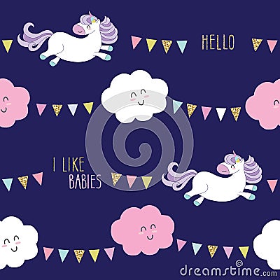 Cute unicorn seamless pattern background with cartoon kawaii clouds and garlands. For kids clothes, pajamas, baby shower Vector Illustration