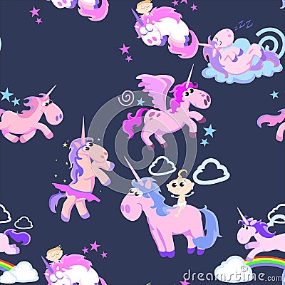 Cute unicorn seamless pattern, magic pegasus flying with wing and horn Vector Illustration