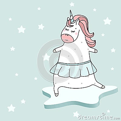 Cute unicorn serfing on the star. Cartoon Illustration