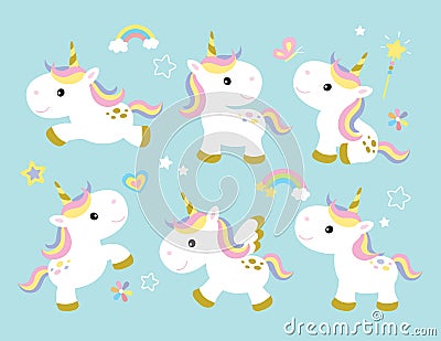 Cute Unicorn Set Vector Illustration