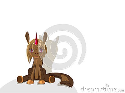 Cute unicorn sits and looks into your eyes. Illustration with sitting brown unicorn Vector Illustration