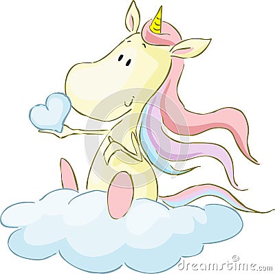 Cute Unicorn Sitting on Cloud, Holding Heart from Glouds - Vector Illustration Vector Illustration
